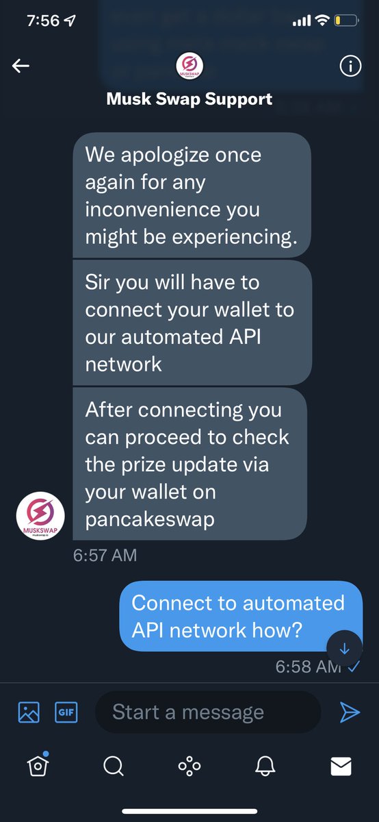 020609ecw's tweet photo. @FraudScamAlerts Let me share with the group how musk swap customer service handled things with me this morning. I’ve got a string of pics I took from the convo that clearly shows them sending me to multiple networks then only telling me to input my entire metamask seed phrase to collect a prize https://t.co/970bOlxReO