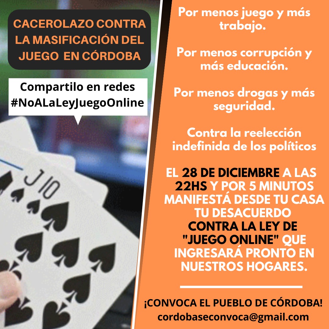 Cacerolazo contra el #JuegoOnline . Por una Córdoba libre de adicciones.
