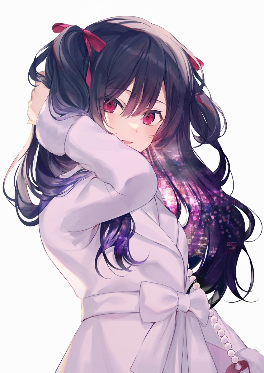 1girl solo long hair white background looking at viewer black hair red eyes  illustration images