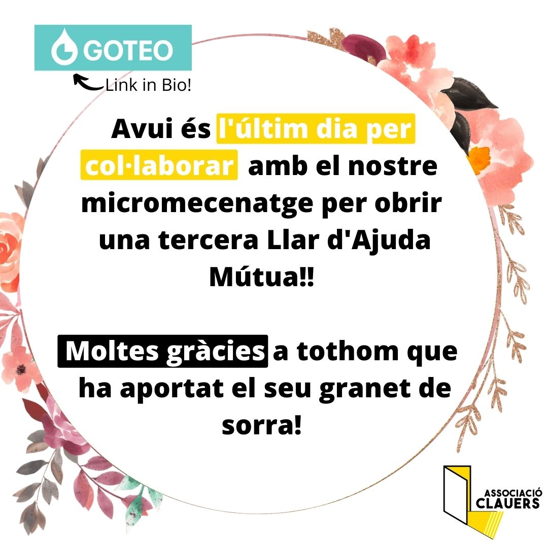 ‼️Avui és l'últim dia per col·laborar  amb el nostre micromecenatge per obrir una tercera Llar d'Ajuda Mútua!!🏠

🎉✨✨Moltes gràcies a tothom que ha aportat el seu granet de sorra!

➡️➡️Link: 
goteo.org/project/hogar-…