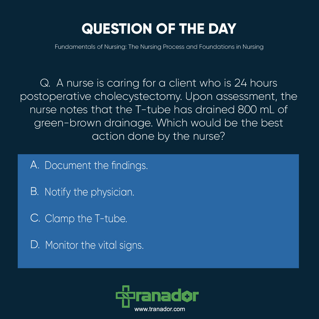 TranadorHealth's tweet photo. NCLEX Exam Practice Question:
A nurse is caring for a client who is 24 hours postoperative cholecystectomy. Upon assessment, the nurse notes that the T-tube has drained 800 mL of green-brown drainage. Which would be the best action done by the nurse?
https://t.co/uf04aUrs2s https://t.co/1xLW4r5Q3V