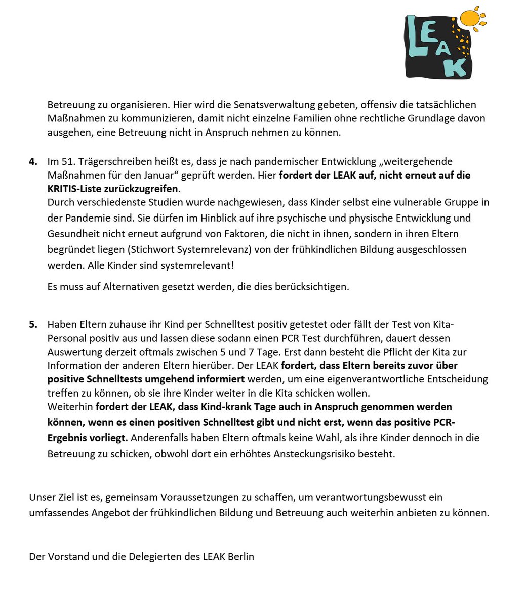 LEAK Stellungahme zur Elterninfo <a href="/SenBJF/">Senatsverwaltung für Bildung, Jugend und Familie</a> vom 22.12.2021 (Stand 23.12.21) 
Daher weist der LEAK darauf hin, dass es von größter Bedeutung ist,
dass die vom Senat zugesagten Lolli-Schnelltests für Kinder wirklich
wie zugesagt Mitte Januar zur Verfügung stehen!