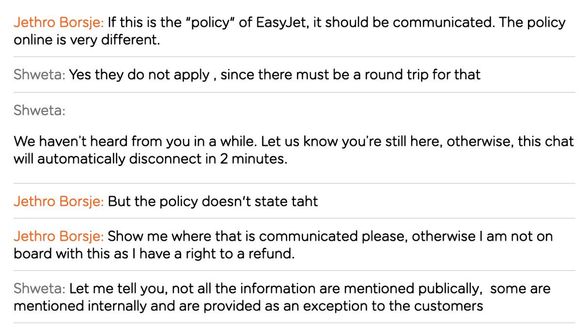 The <a href="/easyJet/">easyJet</a> #scam continues. <a href="/easyJet/">easyJet</a> customer service employee admits that "not all the information is mentioned publicly" &amp; "some are mentioned internally and are provided as an exception to the customers". See screenshot of chat conversation. Unbelievable.