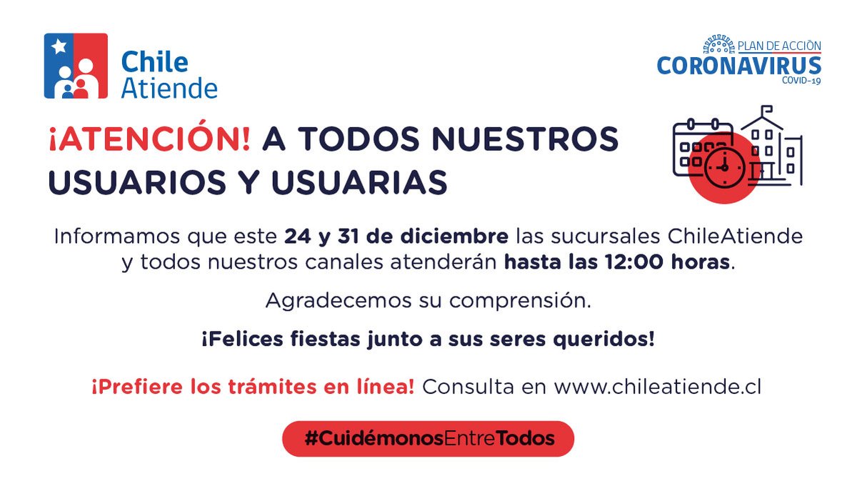 🔴¡Ten en cuenta esta información!
 
Este viernes 3️⃣1️⃣ de diciembre, nuestro horario de atención será hasta las 🕛12:00 horas.

💻Encuentra información de trámites y beneficios en nuestro sitio web chileatiende.cl

📲 ¡Comparte este aviso con tu familia!