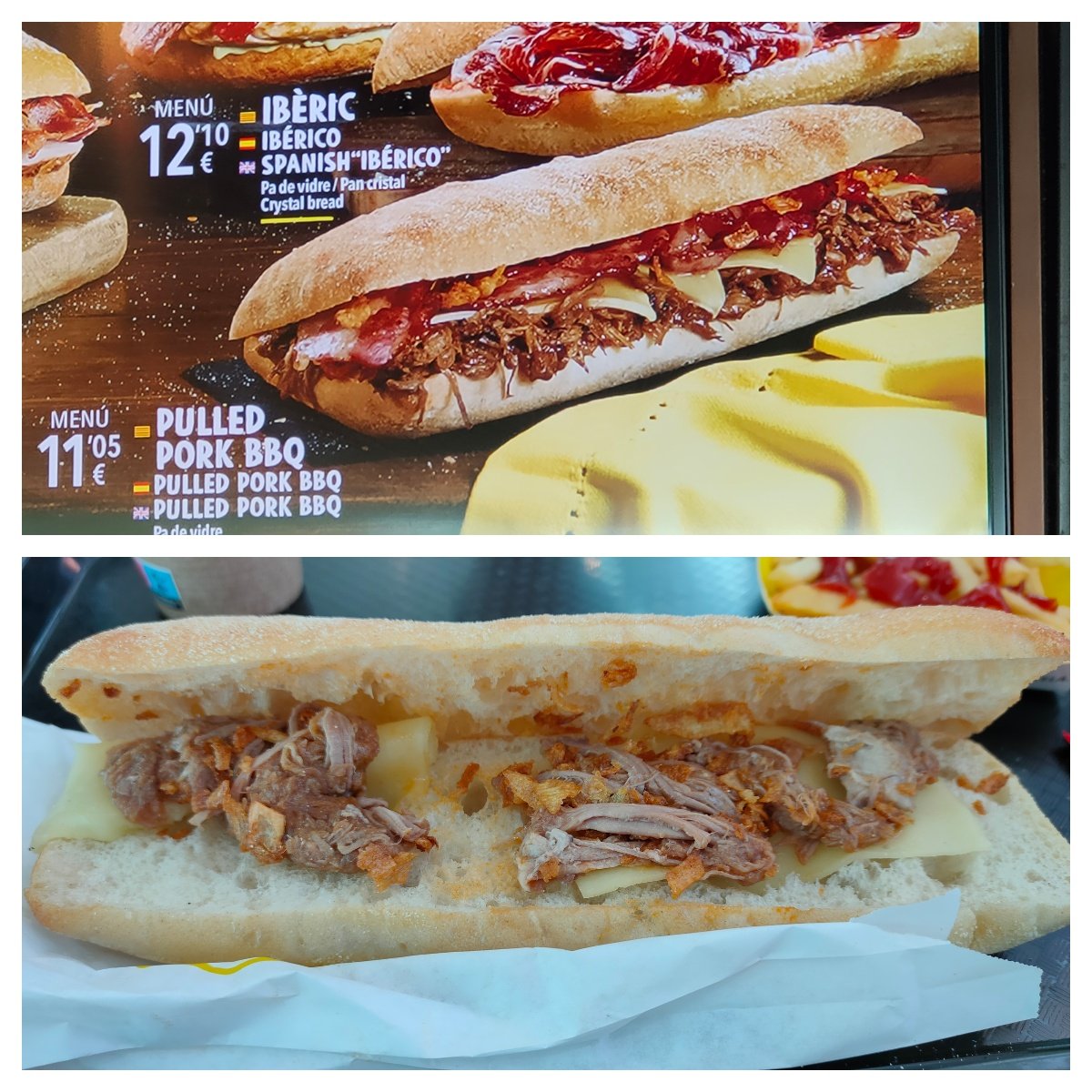 Grancaba's tweet photo. El que t'esperes VS el que et serveixen. 11€ per aquesta estafa de @PansCompany_ES de la T1 de l'aeroport del Prat. Seguireu fidelitzant d'aquesta manera? Quina broma és aquesta?? #pulledporkbbq
 #hemossidoengañados https://t.co/krHlJpuFJk