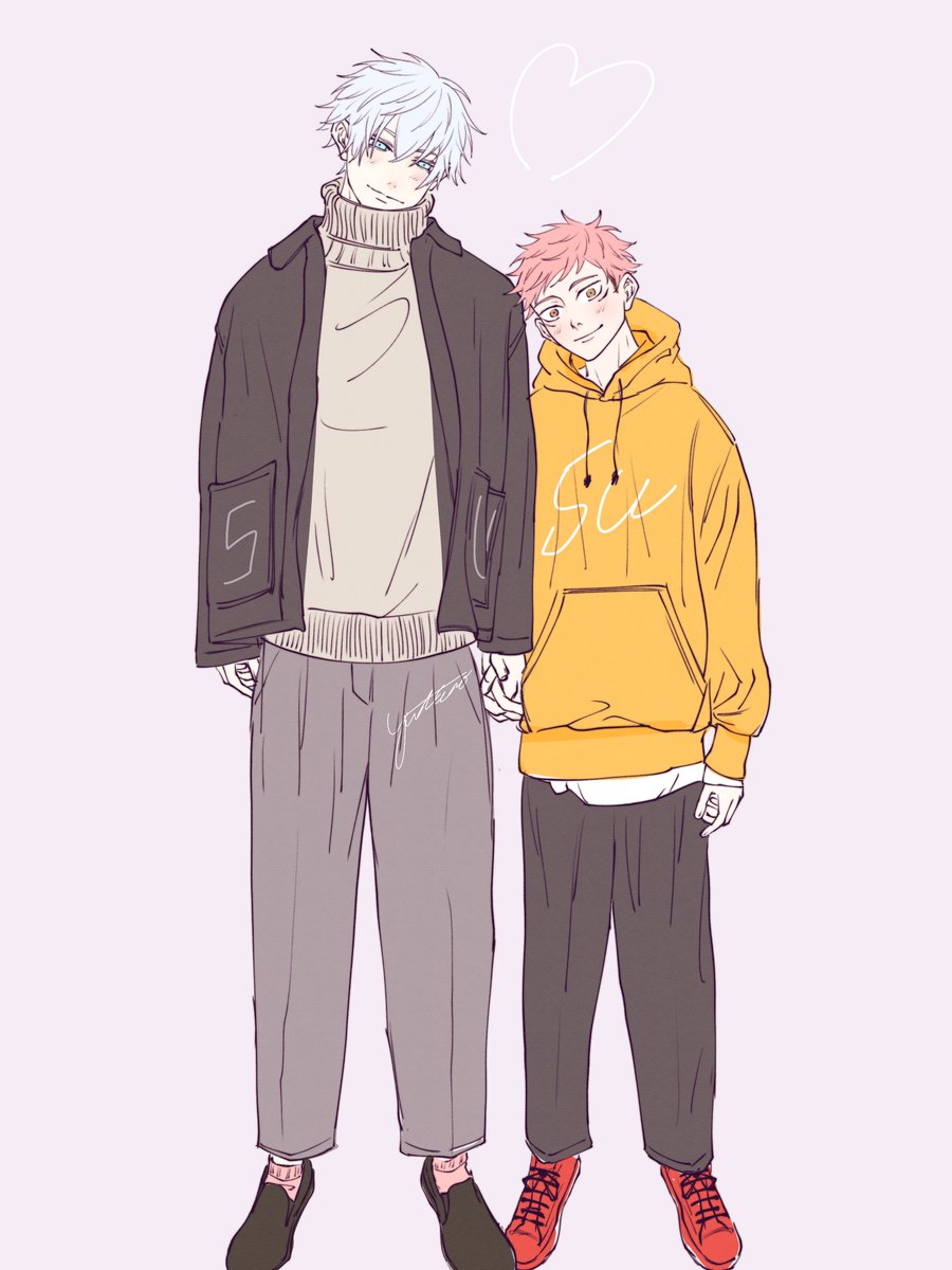 itadori yuuji 2boys multiple boys male focus pink hair pants yellow hoodie jacket  illustration images