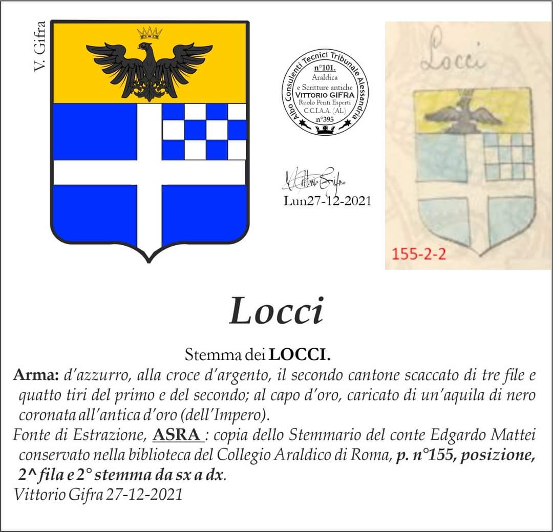VGIFRA's tweet photo. Stemma dei #LOCCI. @locci
Arma: d’azzurro, alla croce d’argento, il secondo cantone scaccato di tre file e quatto tiri del primo e del secondo; al capo d’oro, caricato di un’aquila di nero coronata all’antica d’oro (dell’Impero).
Vittorio Gifra 27-12-2021 https://t.co/zJIqG4z7Ma