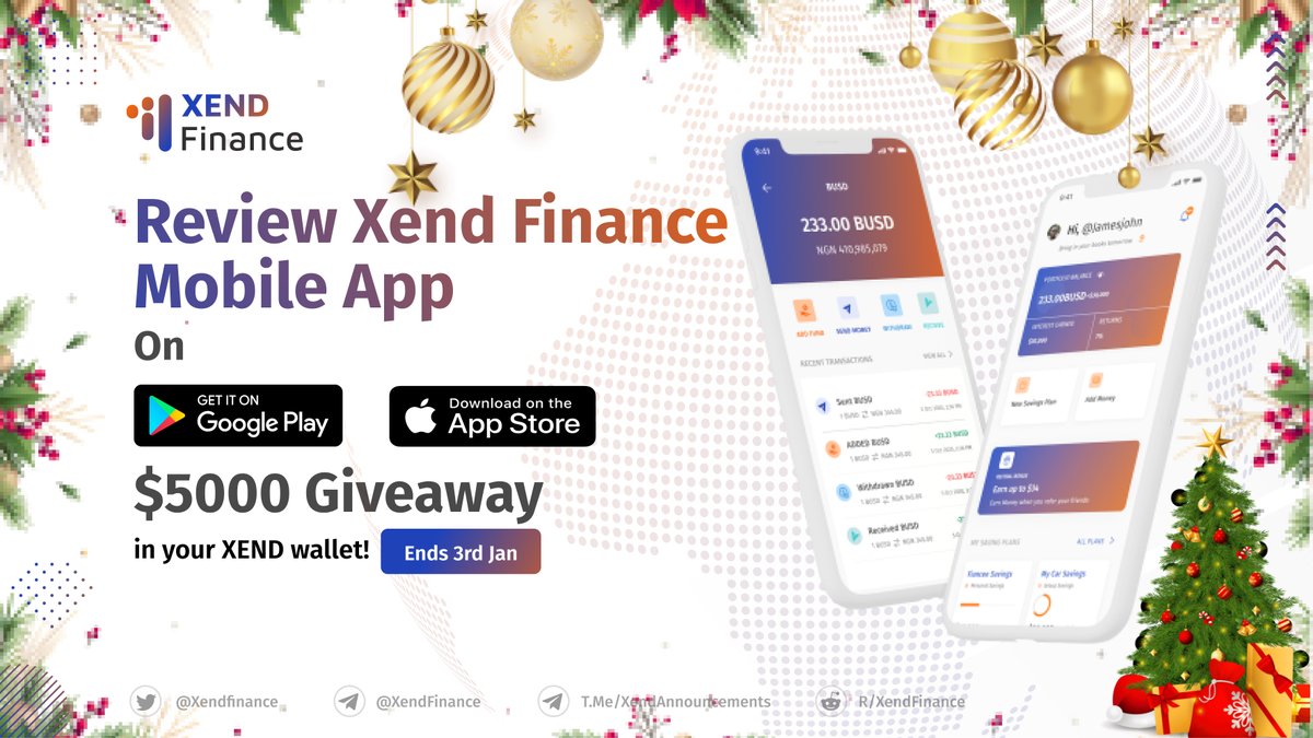 #XendFinanceMobileAppLaunch

Our #Giveaway of $5000 in $XEND ends 
⌛️3rd Jan 5:00 PM UTC

💪Rules:
- Download our Mobile App 🎁 onelink.to/jhxvna
- RT &amp; Tag 3 friends
- Participate in Google Form 👇 to claim $XEND tokens in app forms.gle/FjaEe47dcJBbw3…

🎎 Refer &amp; Earn more!