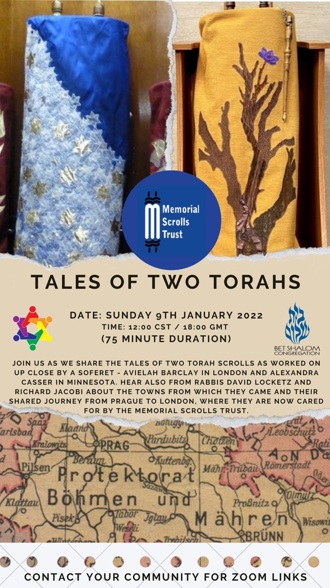 ELELSynagogue's tweet image. 'Tales of Two Torahs'- Sunday 9th Jan, 6pm GMT/12pm CST, a collaboration with @BetShalomMN  Congregation as we share the tales of two Czech Torah scrolls and hear from the scribes who worked on them. With thanks to @MemorialScrolls. Links by email, or administrator@elels.org.uk