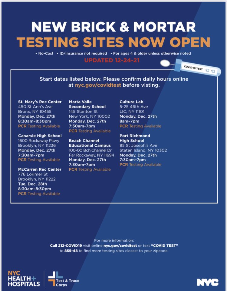 #COVID19 testing update: <a href="/NYCHealthSystem/">NYC Health + Hospitals</a> is opening seven new testing sites throughout the city starting TODAY. 

For more info, call 212-COVID19, visit online nyc.gov/covidtest or text “COVID TEST” to 855-48 to find testing sites closest to your zipcode.