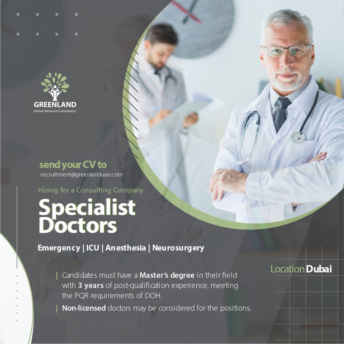 greenlanduae's tweet photo. We are hiring Specialist Doctors (Emergency – ICU – Anesthesia - Neurosurgery) for a Consulting Company in UAE
Send your CV to 📧recruitment@greenlanduae.com

#GreenlandUAE #Hiring #Recruitment #JobHunting #Dubai #UAE #WeAreHiring #ApplyNow #JobSeeker #HiringNow #DubaiJobSearch https://t.co/zlUK9vNywv