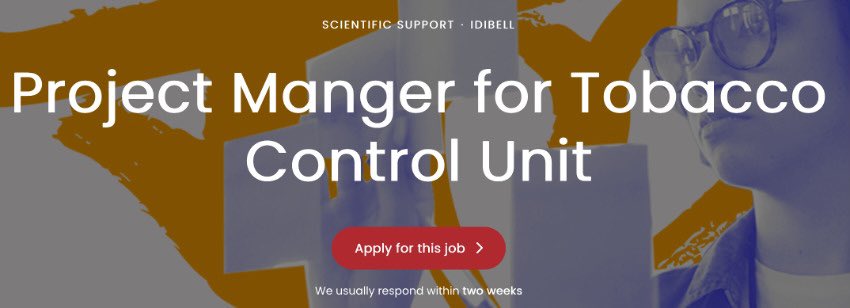 TobControlUnit's tweet photo. 📢Busquem gestor/a de projectes per a la nostra Unitat de Control del Tabac @ICO_oncologia i @idibell_cat. Si:
🔸tens experiència en coordinació de projectes internacionals
🔸vols treballar per la salut pública
T'esperem!🗓️ 21.01.2022 🔜 https://t.co/UPeUwKgolF https://t.co/KZmaF1Lv8g