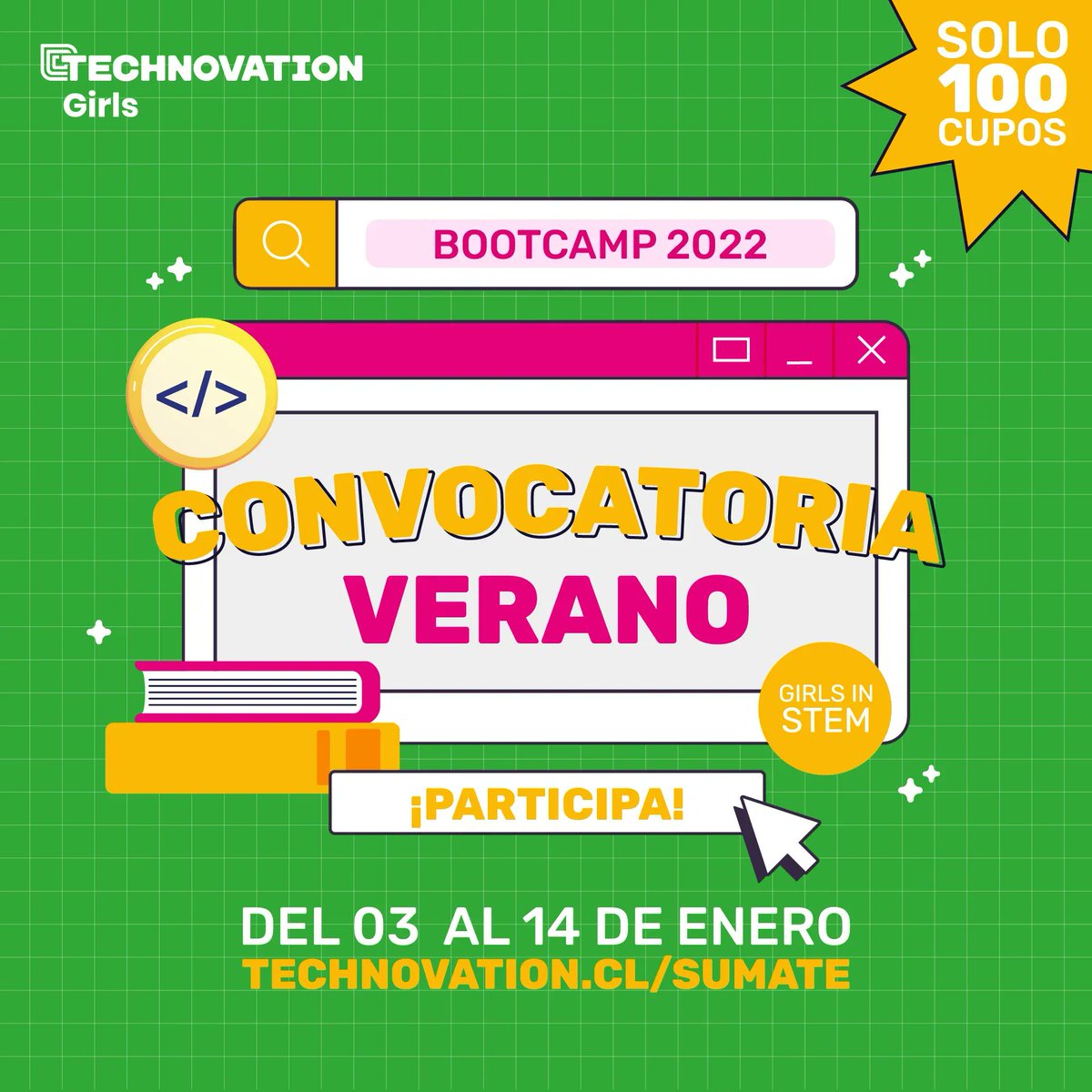 ¡ATENCIÓN! Niñas entre los 13 y 18 años, con gran alegría les queremos comunicar que <a href="/technovationcl/">Technovation Girls Chile</a> abrirá un bootcamp presencial y GRATUITO de verano, durante las dos primeras semanas de enero 2022

👉 Para inscribirte ingresa al siguiente link: buff.ly/3yuWXFP