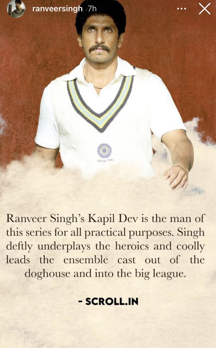 RanveeriansFC's tweet photo. via Ranveer Singh Instagram story ❤️⭐️
#83review #ThisIs83 #83TheFilm https://t.co/pVlebXyDBh