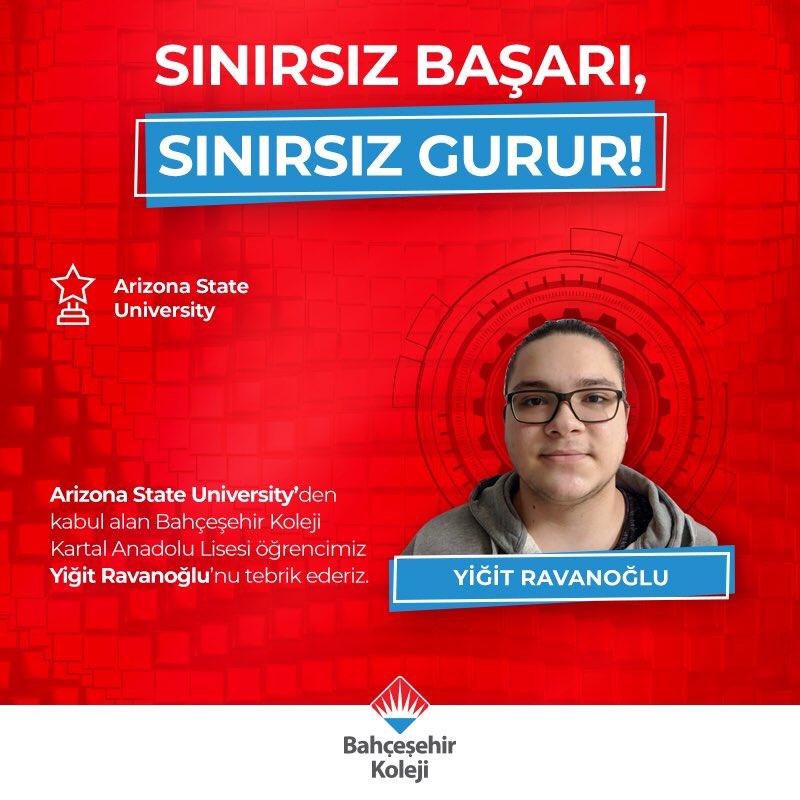 Sınırsız Başarı,Sınırsız Gurur!

Kartal Anadolu Lisesi öğrencimiz Yiğit Ravanoğlu, Arizona State University’den kabul aldı.

Gururluyuz!❤️💙
Yolun açık olsun sevgili Yiğit✨✨

#bahçeşehirkoleji