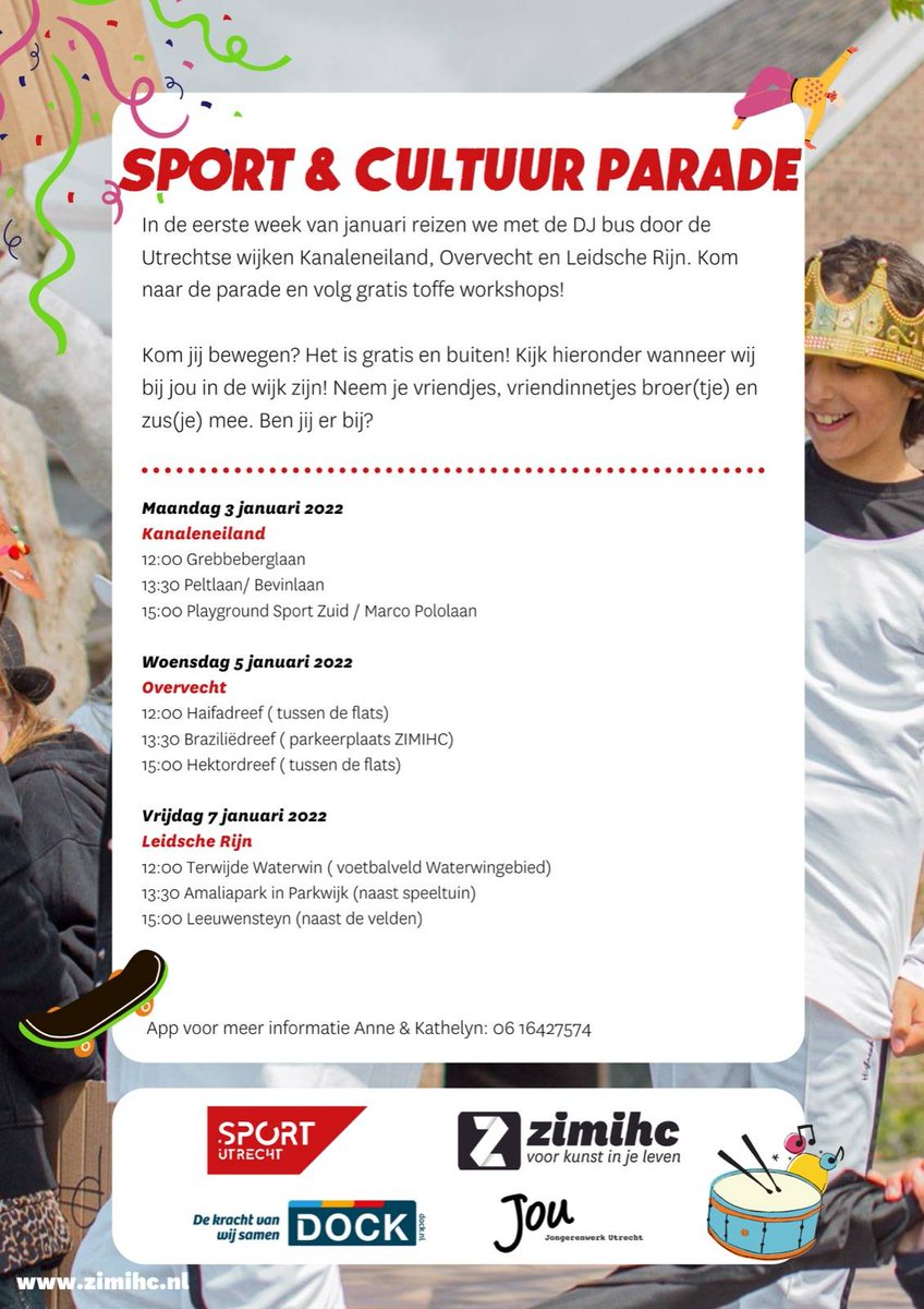 DoeMeeinUtrecht's tweet photo. #Sporttip
De Sport en Cultuurparade reist volgende week door Utrecht!
3 januari #Kanaleneiland
5 januari #Overvecht
7 januari #LeidscheRijn
Kom je meedoen met toffe workshops bij de DJ bus? https://t.co/6P34UENuxG