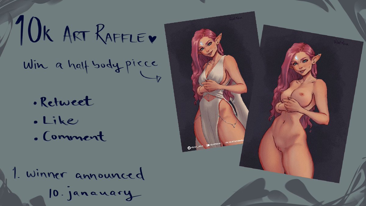 velvet_nova's tweet photo. 10k ART RAFFLE! 

To celebrate reaching 10K I want to pick one winner that get their character drawn or an existing character.

- rt
- like
- comment

One winner will be picked the 10th of January.

I will pick the pose, and it will ofc be in my style.

#artraffle #Giveaway https://t.co/vvQrGgr40x