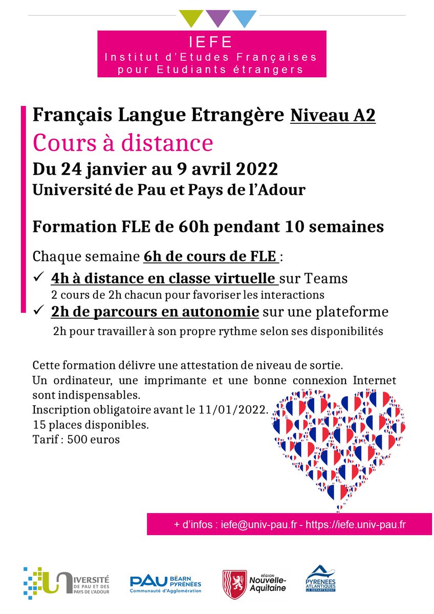 universite_uppa's tweet photo. Vous n’avez que quelques heures, chaque semaine, pour apprendre le #français ? Participez à un cours à distance 💻 de 60h pendant 10 semaines pour atteindre le niveau A2.

🟢Les cours auront lieu du 24/01 au 09/04/2022. Inscription avant le 11/01/2022 : https://t.co/lFzNQLlmqs https://t.co/Eg9iNvJtj2