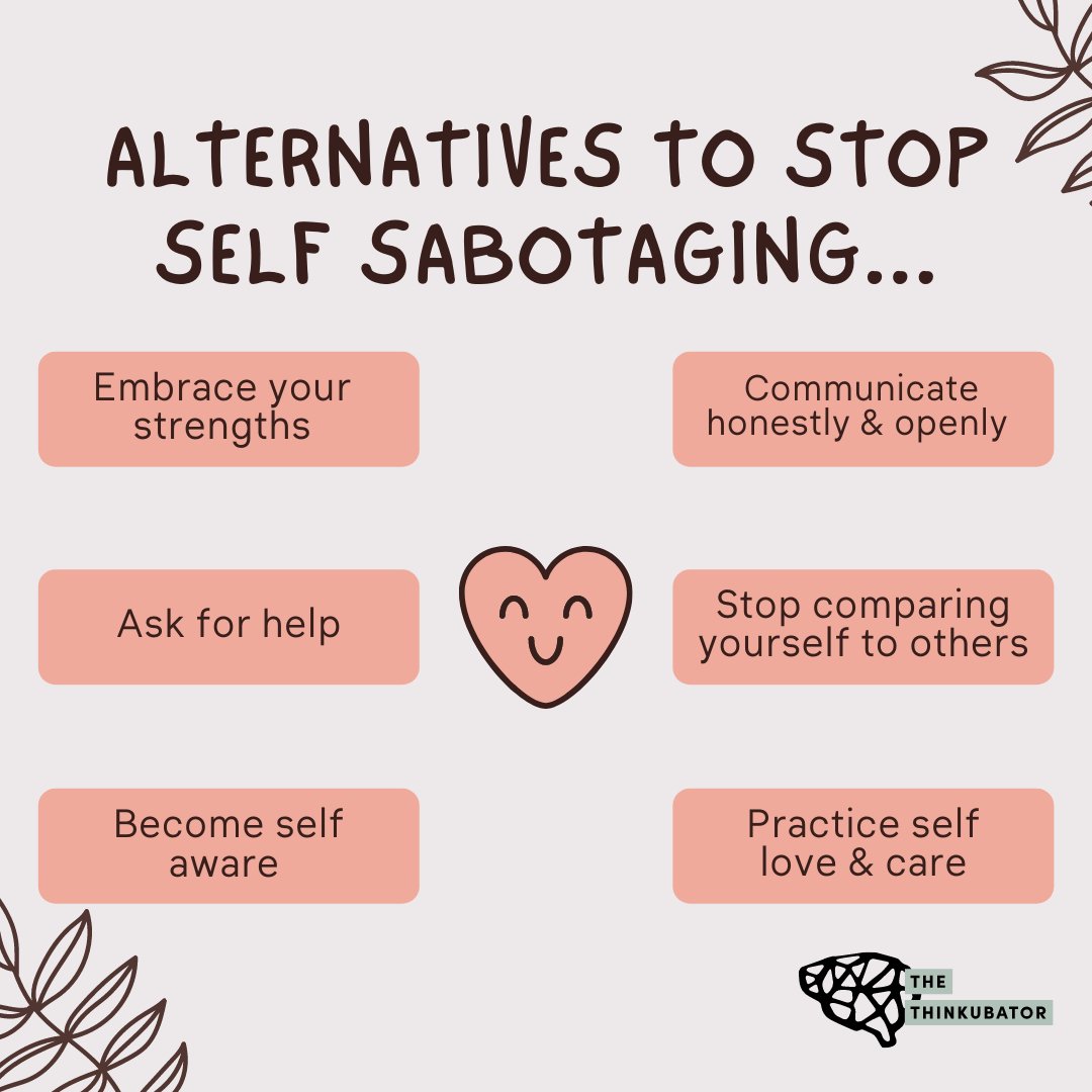 Self sabotaging behaviors are holding YOU back and preventing YOU from being the best version of yourself! Practice healthy alternatives to STOP the sabotage. 
#MentalWellnessMonday #TheThinkubator