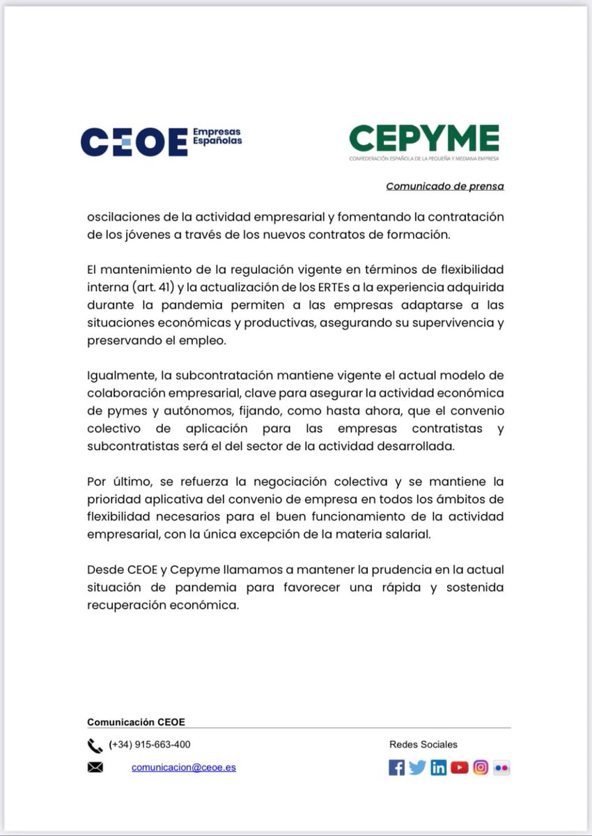⛔ No tiene desperdicio ver cómo se vanagloria la Patronal celebrando que las externalizaciones quedan intactas. 

Aquí su comunicado.👇🏽