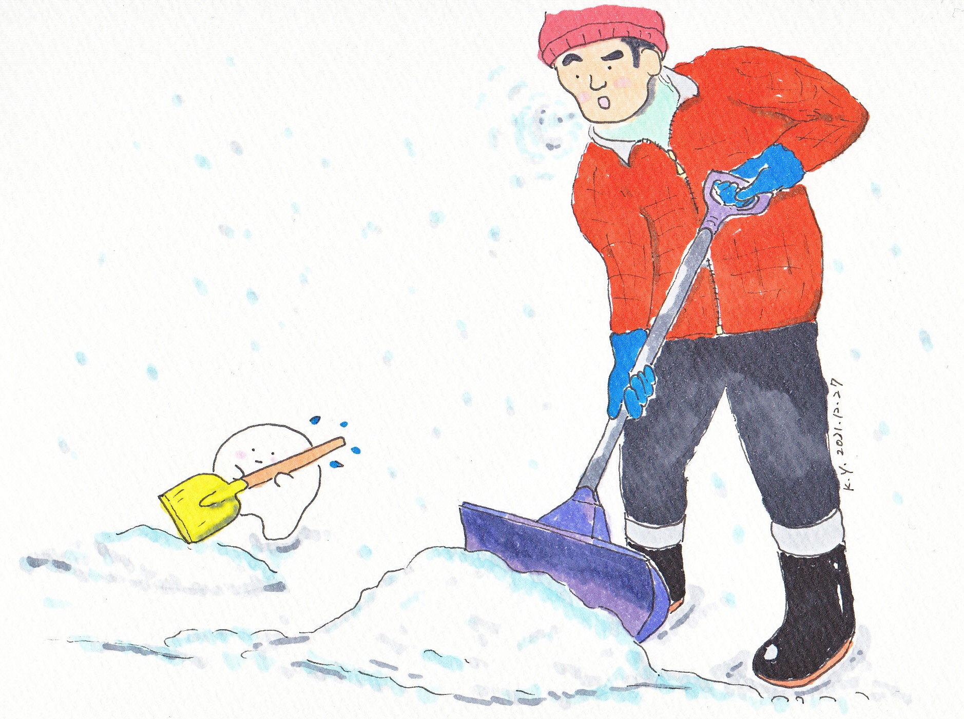 ゆりこうだい 1 雪かき 一日一絵 イラスト 手描きイラスト コピック Copic 雪かき 除雪 除雪中 雪 大雪 雪国 東北 雪かきベラ シロ T Co Spk1x3ffco Twitter