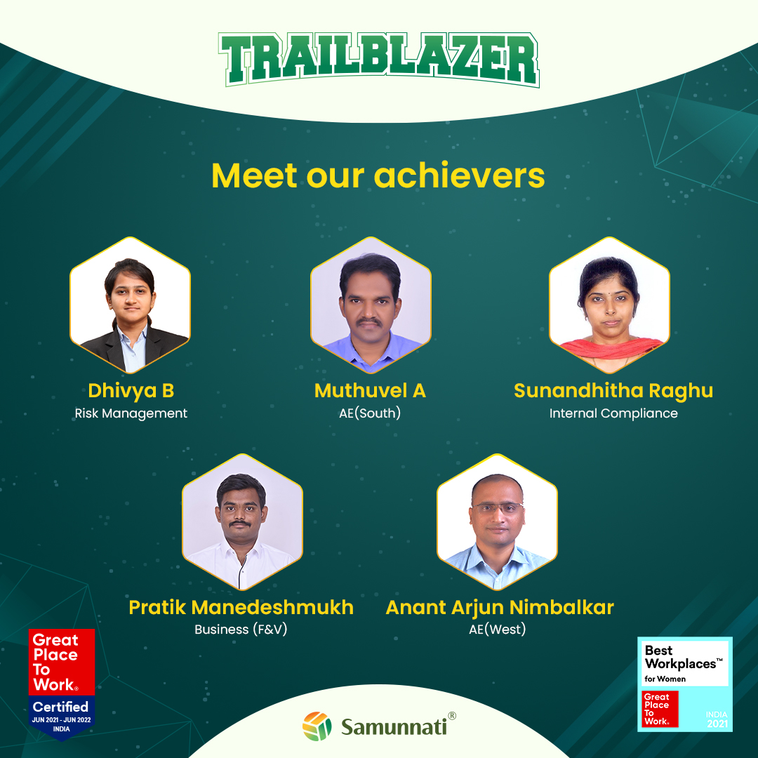 samunnati's tweet photo. It gives us immense pleasure to announce the  #TrailblazersofSamunnati. You inspire us through your tremendous performance. Congratulations to all the achievers and keep up the good work!

#Samunnati #lifeatsamunnati #employeerecognition #shrishti2021 #trailblazer #gptwIndia https://t.co/ks3QcOCsRz