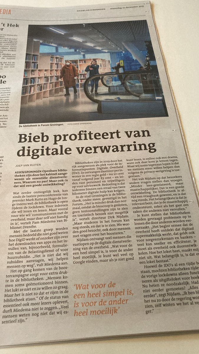 Bakelaar13's tweet image. Mooi artikel in het Dagblad van het Noorden vandaag! Erkenning van ons waardevolle werk als motor van een vaardige samenleving: de openbare bibliotheek.