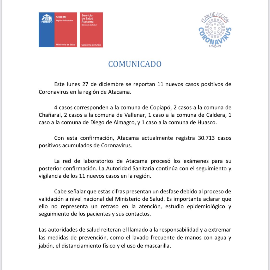 SeremiSalud3's tweet photo. Autoridades de Salud confirman 11 nuevos casos de
#Covid_19 en la región de #Atacama.

Para más información: https://t.co/XieTl0ymku https://t.co/9HbsQCoE84