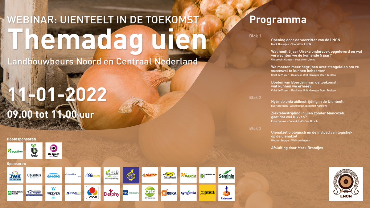 Voor in de agenda: op 11-01-2022 van 09.00-11.00 uur organiseert Landbouwbeurs Noord- en Centraal-Nederland een online webinar i.p.v. de Landelijke #Uiendag.
Thema: #Uienteelt in de toekomst
Voor meer info: bit.ly/3eqhkej
<a href="/BejoBenelux/">Bejo Benelux</a> #kennisdelen #uien