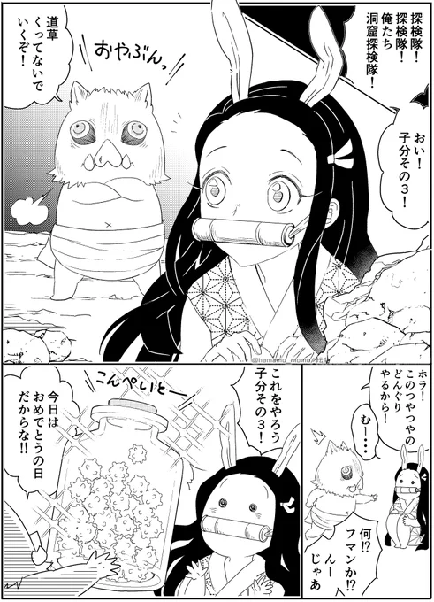 赤ちゃん伊之助がねずこを祝いに来る妄想漫画再掲です～!ねずこちゃんおめでとう!!🐗
#竈門禰豆子誕生祭2021
#竈門禰豆子生誕祭2021 