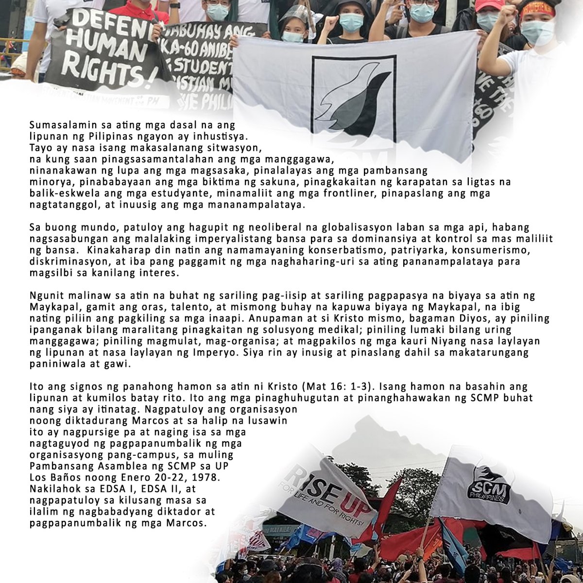 SCMPhilippines's tweet photo. ROOTED IN THE STRUGGLE OF THE OPPRESSED, FLOURISHING TOWARDS THE VICTORY OF THE PEOPLE!

Pagtatapos na mensahe sa SCMP Anniversary Webinar

at anunsiyo ng Pambansang Asamblea sa Marso 24, 2022, araw ng pagkamartir ni San Óscar Romero

Disyembre 27, 2021
#SCMPat61 
#JoinSCMP https://t.co/DPlDHMeewj