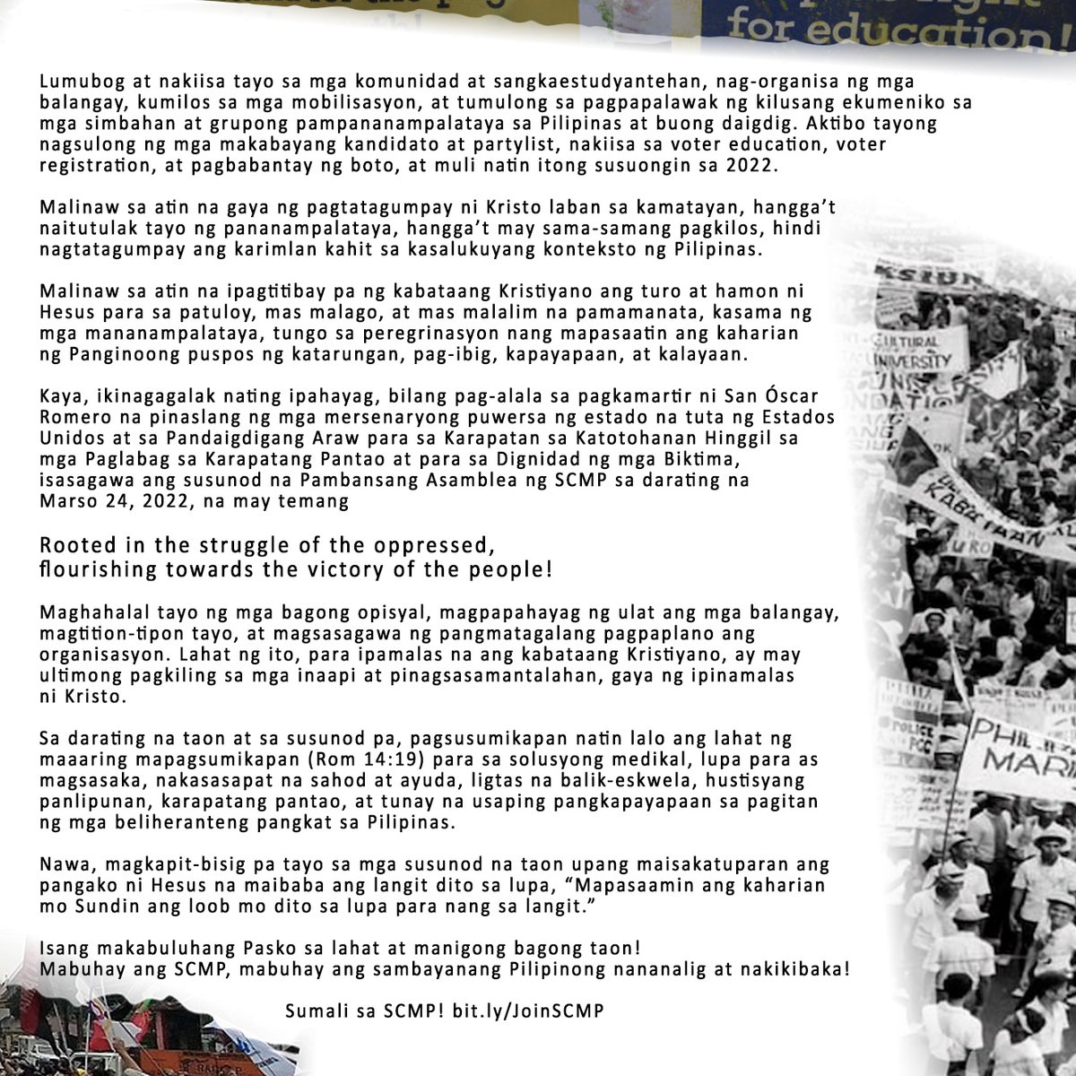 SCMPhilippines's tweet photo. ROOTED IN THE STRUGGLE OF THE OPPRESSED, FLOURISHING TOWARDS THE VICTORY OF THE PEOPLE!

Pagtatapos na mensahe sa SCMP Anniversary Webinar

at anunsiyo ng Pambansang Asamblea sa Marso 24, 2022, araw ng pagkamartir ni San Óscar Romero

Disyembre 27, 2021
#SCMPat61 
#JoinSCMP https://t.co/DPlDHMeewj