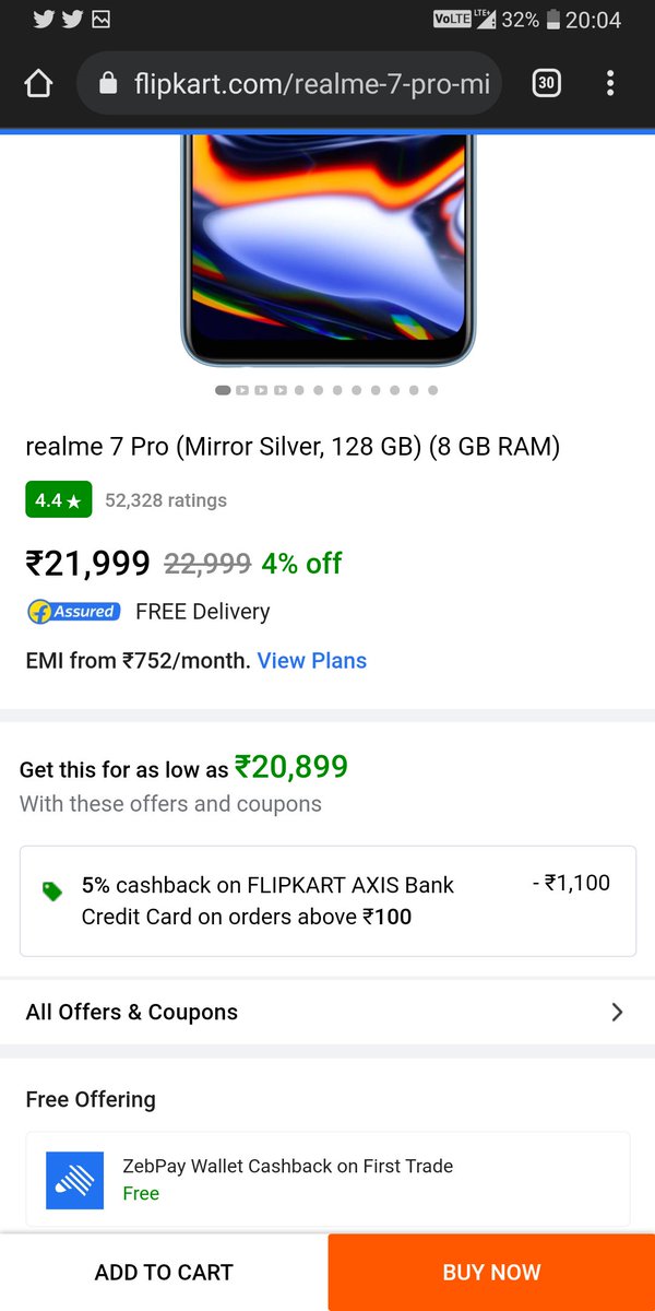 TravelingPoet2's tweet photo. @Flipkart a mobile phone of @realmeIndia 7pro purchased with @AxisBank CC, 5% should be returned of deducted as per this offer which is displaying since i ordered my phone Order No. OD223697095804243000
But 5% amount is not returned. 
And even customer helpline don't have any https://t.co/69UGqz53U3