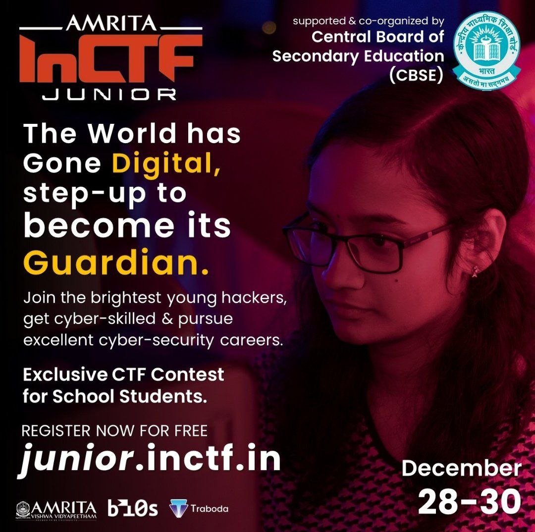 InCTFj's tweet photo. Attention young hackers!
The qualification round for the sixth edition of InCTF Junior- an ethical hacking contest exclusively for school students, begins tomorrow!
Remember that no prior knowledge required!
See you there!
Learn | Hack | Win
#InCTFj #hacking #cybersecurity https://t.co/xRTcYvzCbz