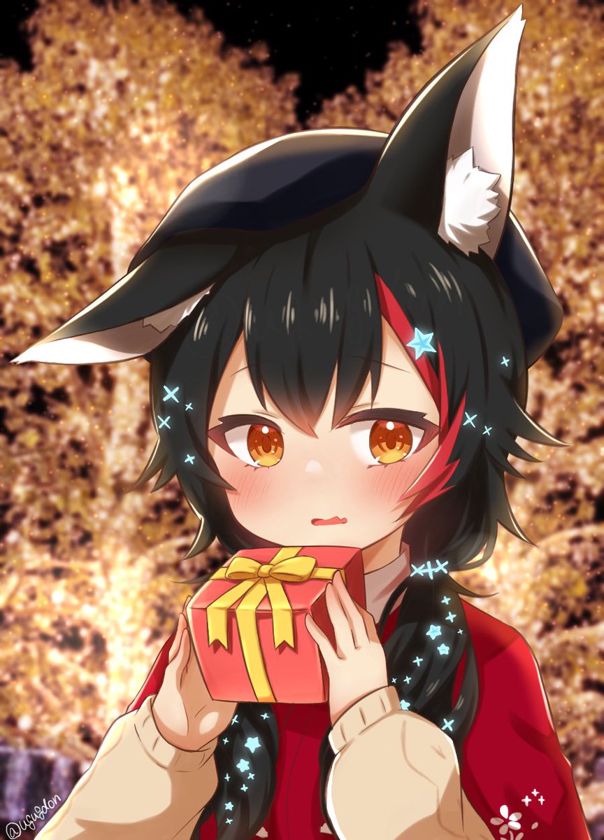 ookami mio 1girl animal ears wolf ears black hair solo gift streaked hair  illustration images