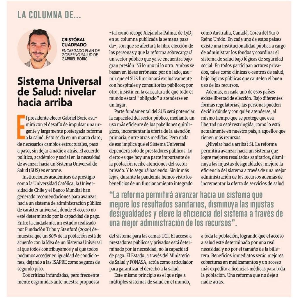 juancarlossaid's tweet photo. Seguro único d salud amplia  libertad d elección, entregando un aseguramiento basal de mejor calidad a todos (dejando seguros privados como segundo piso). Mejora además integración público privada y eficiencia. Buena columna de @CCuadradoN refutando mitos respecto a seguro único. https://t.co/DGpkbZwp0B