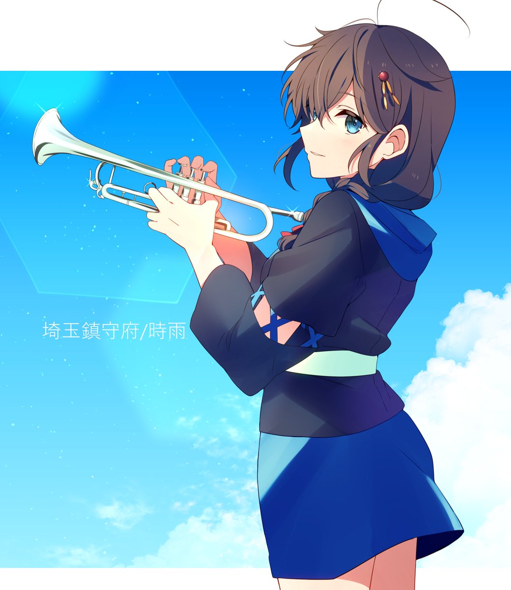 shigure (kancolle) ,shigure kai ni (kancolle) 1girl solo instrument blue eyes skirt ahoge braid  illustration images