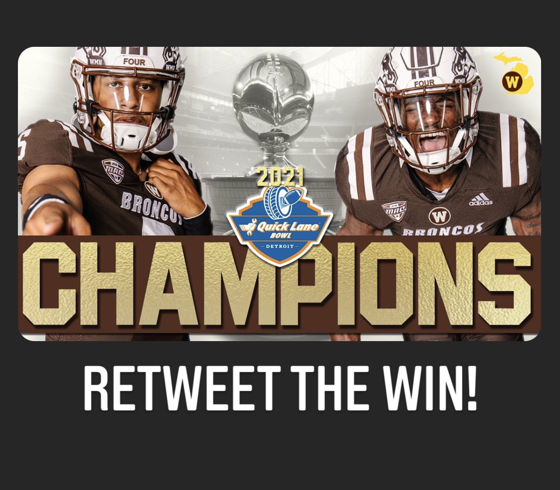 RETWEET THE WIN! The Broncos are the 2021 Quick Lane Bowl Champions!!! 🏆 🏆 🏆 

#LetsRide // #QLB2021