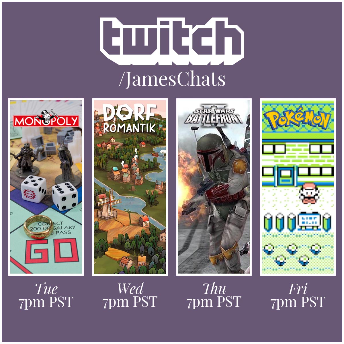 JamesChatsTV's tweet photo. This week on https://t.co/I5IRV2lUv7! #monopoly #lordoftherings #Starwars #Battlefront2classic #PokemonGreenVersion #Pokemon #twitchstreamer https://t.co/xsijeg9zji