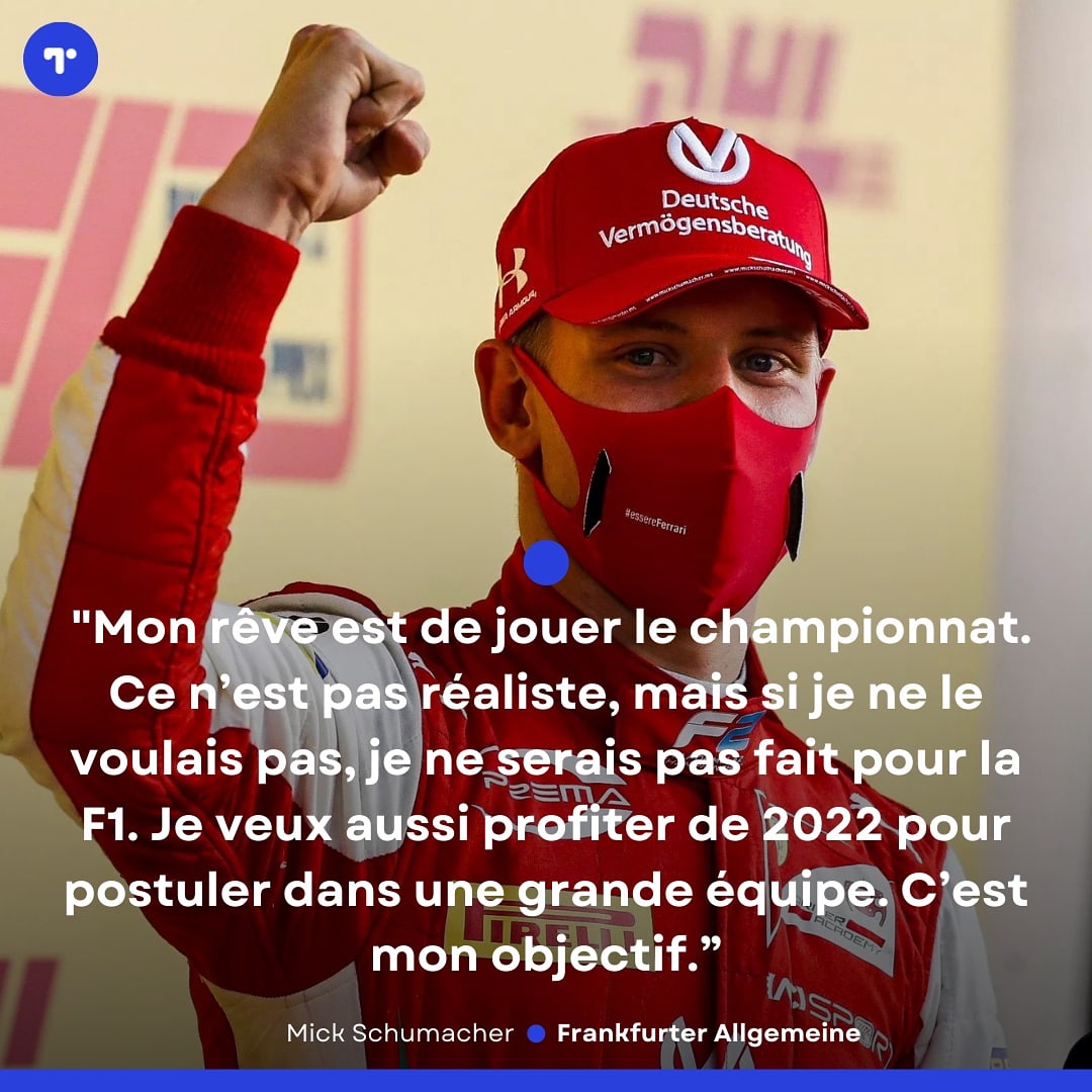 _InsideF1's tweet image. #MickSchumacher sur son avenir en #F1 🗣 :

"Mon rêve est de jouer le championnat. Ce n’est pas réaliste, mais si je ne le voulais pas, je ne serais pas fait pour la #F1. Je veux aussi profiter de 2022 pour postuler dans une grande équipe. C’est mon objectif.”

( @faznet )