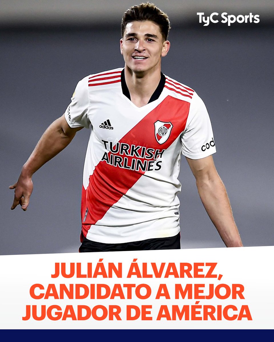 TyCSports's tweet photo. Orgullo de River: Julián Álvarez, candidato a ser el mejor jugador de América ⚽️🌟🔝

El Araña es uno de los finalistas a quedarse con el premio que entrega todos los años el diario uruguayo El País. Hulk, Gabigol y Gustavo Gómez, los otros candidatos. https://t.co/q0aeBpc3D8