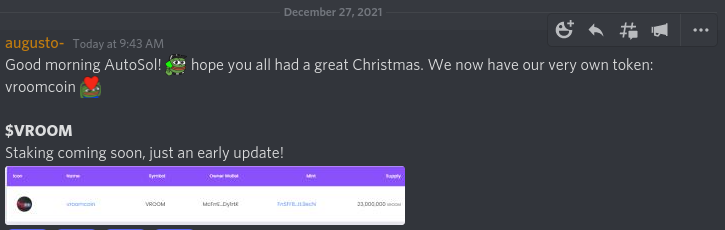 AutoSolNFT's tweet photo. Hi Drivers! One of our developers made an announcement in this discord this morning! Vroom coin has been created &amp; staking will be rolled out next so you can park your cars &amp; earn passively.The @AutoSol team appreciates each &amp; everyone one of you &amp; are proud to drive with you! https://t.co/f1wV7dw8ry