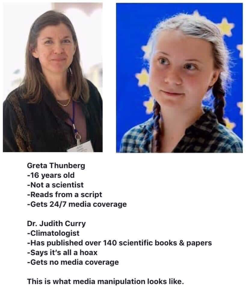 MRobertsQLD's tweet photo. What’s really telling is that the media &amp; UN shut down Professor Curry while lauding pushing Thunberg https://t.co/lBmANR6fuP