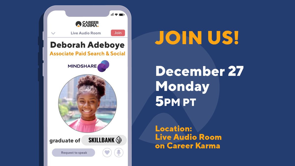 Career_Karma's tweet photo. Join us in a 🎙 Live Audio Room 🎧inside the app w/ @joinskillbank grad Deborah Adeboye. Deborah made an intentional decision to enroll in Bootcamp right after high school. Join Deborah as she talks about her non-traditional journey in tech education!

https://t.co/oIQxFVains https://t.co/Pwd0uLYNFj