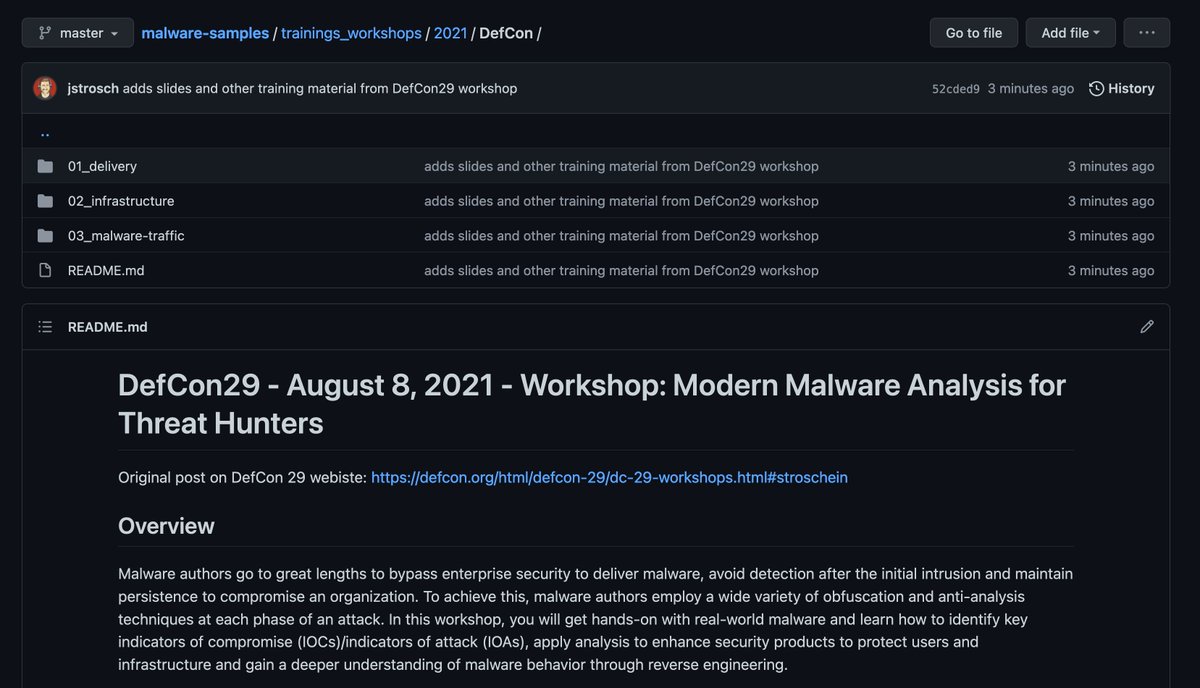 Finally got around to adding training material from my #defcon 29 workshop "Modern Malware Analysis for Threat Hunters". 

👉 github.com/jstrosch/malwa…