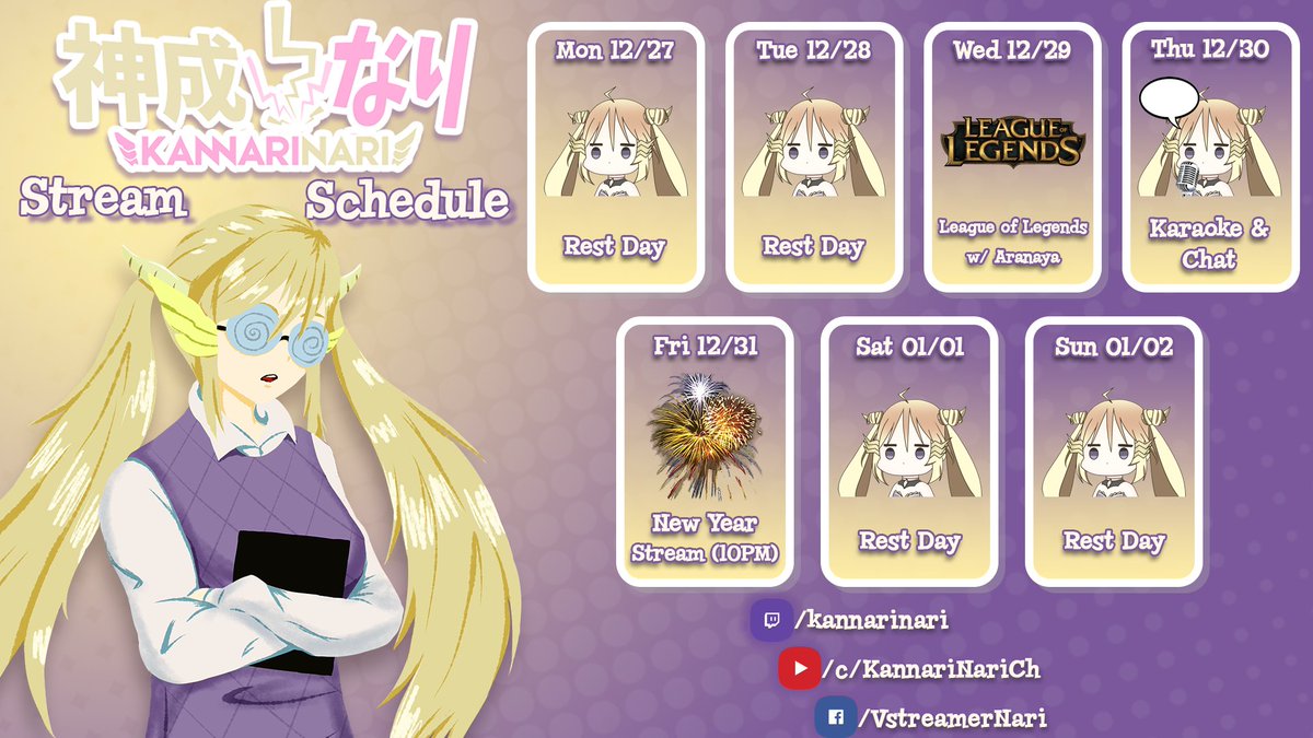 KannariNari's tweet photo. My schedule is up! Let's have a wonderful new year!
Wednesday - League of Legends with @Araneechan_
#KannariNari #NariAlive #ThunderclapOfDeities #UltimaWaifu #Nari #ENVtuber #PHVtuber #VtuberUprising #おはようVtuber https://t.co/cgIXLPqE8d