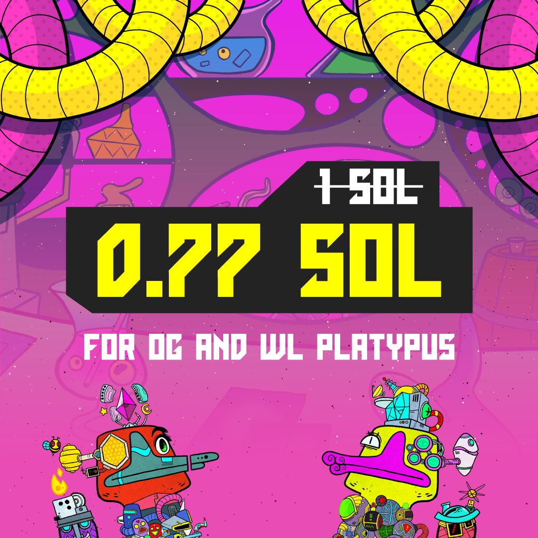 BizarrePlatypus's tweet photo. Bizarre Fam 🛸 in order to start giving benefits to our OGs and WL Platypus members, we want to announced that Mint Price has been reduce from 1 SOL to 0.77 for everyone that got the roles.🚀👾

#solana #nfts #nftart https://t.co/8eys1GTy3G