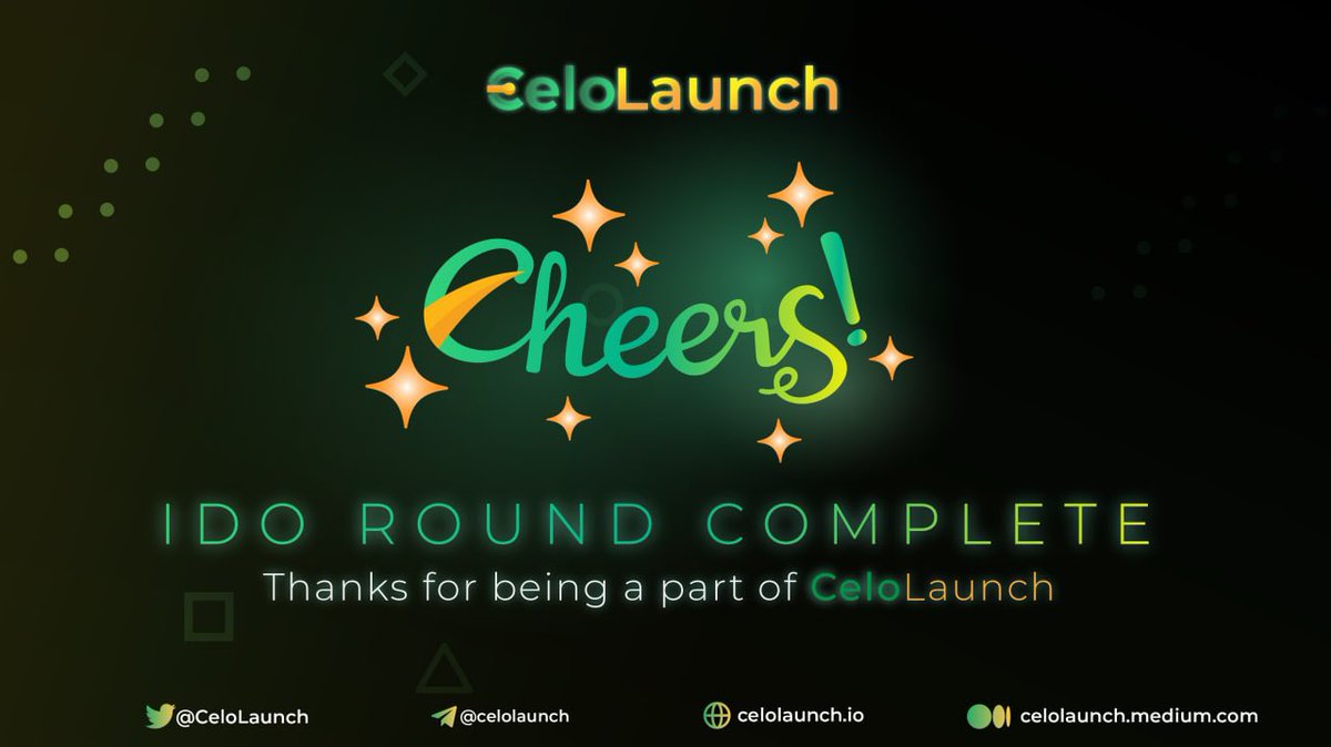 🎉 CELOLAUNCH IDO COMPLETED! 🎉

We are excited to announce that CeloLaunch IDO has successfully reached the hard cap of 82,500 CELO — Congratulations to people who got in!

Presale Address: explorer.celo.org/address/0xa4f6…

#CeloLaunch