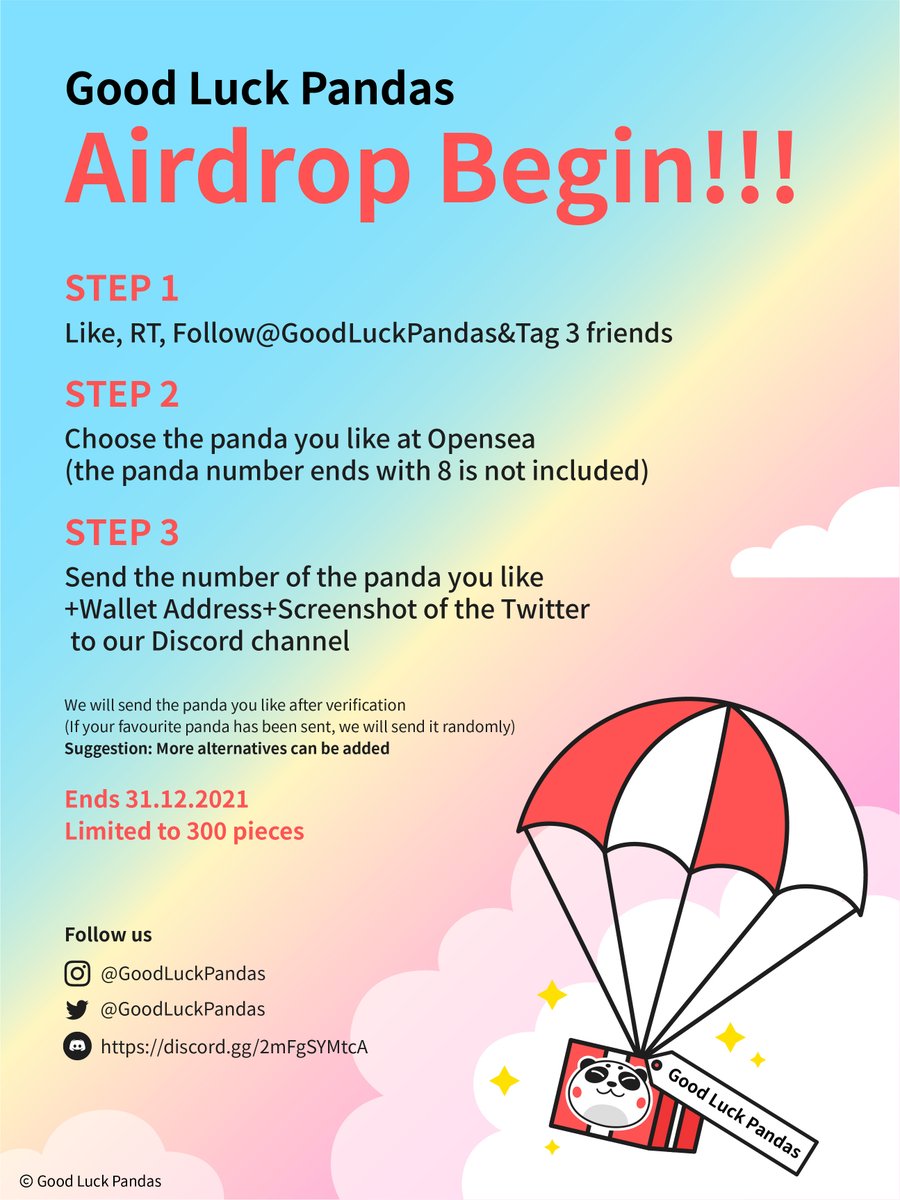 GoodLuckPandas's tweet photo. #Airdrop 
STEP 1: Like, RT, Follow @GoodLuckPandas &amp; Tag 3 friends.
STEP 2: Choose the 🐼 #NFT you like at Opensea (the panda number ends with 8 is not included).
STEP 3: Send the 🐼No.+Address+Screenshot of the Twitter to our Discord：https://t.co/5xSoXrIxJU

Ends 31st
300 Only https://t.co/o1VREpkL8T