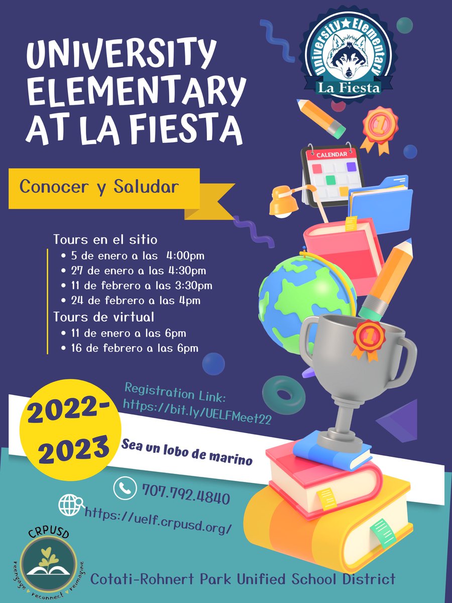 Register for UELF/CRPUSD Schools on Jan. 5! Open registration for TK/and new families to the school! Take a tour by registering online, https//bit.ly/UELFMeet22, or contact Christina Lunde, christina_lunde@crpusd.org. #UELFSpirit